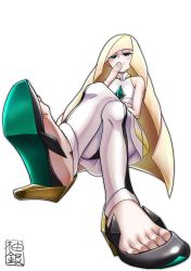 Rule 34 | 10s, 1girl, blonde hair, creatures (company), crossed legs, dress, feet, foot focus, from below, full body, game freak, green eyes, hair over one eye, hand over mouth, high heels, highres, invisible chair, leggings, legs, long hair, looking at viewer, lusamine (pokemon), mature female, nintendo, no socks, pokemon, pokemon sm, pov, shoes, sitting, sleeveless, sleeveless dress, smile, solo, toe cleavage, toes, very long hair, white background, yuzu gin (pika97)