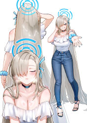 1girl absurdly_long_hair absurdres alternate_costume asuna_(blue_archive) bare_shoulders blue_archive blush breasts breath choker cleavage denim from_behind full_body grin hair_over_one_eye halo highres jeans large_breasts long_hair looking_at_viewer mole mole_on_breast multiple_views off-shoulder_shirt off_shoulder pants parted_lips sandals shirt smile toenails very_long_hair you_nf