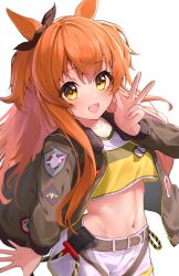 Rule 34 | 1girl, absurdres, animal ears, belt, bomber jacket, breasts, collarbone, commentary request, dog tags, hair ornament, highres, horse ears, jacket, looking at viewer, mayano top gun (umamusume), midriff, navel, open mouth, orange hair, shorts, shumai il, simple background, small breasts, solo, umamusume, v, white background, yellow eyes