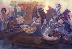 Rule 34 | 1boy, 4girls, apron, aqua hair, bare shoulders, black wings, blitzcrank, book, bowl, breasts, brown hair, chef hat, cleavage, cupcake, earrings, food, forehead jewel, hair over one eye, hat, headband, horns, jewelry, large breasts, league of legends, long hair, lulu (league of legends), morgana (league of legends), multiple girls, naked apron, nude, opiu, oven, oven mitts, pix (league of legends), pointy ears, purple eyes, purple hair, robot, shield, short hair, silver hair, sinful succulence morgana, single horn, sona (league of legends), soraka (league of legends), table, taric, thumbs up, twintails, wings, yellow eyes
