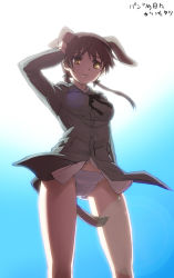 Rule 34 | 1girl, animal ears, bad id, bad pixiv id, brown eyes, brown hair, dog ears, from below, gertrud barkhorn, glowing, glowing eyes, hair ribbon, hand on own head, lens flare, looking down, military, military uniform, no pants, panties, ribbon, sky, solo, strike witches, tail, translation request, twintails, underwear, uniform, world witches series, yunicoco (coco-demmy)