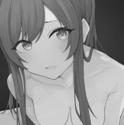 Rule 34 | 1girl, blush, breasts, cleavage, close-up, collarbone, greyscale, highres, idolmaster, idolmaster shiny colors, long hair, looking to the side, medium breasts, misekai 555, monochrome, nude, open mouth, osaki amana, out-of-frame censoring, smile, solo, swept bangs