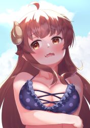 Rule 34 | absurdres, ahoge, arm under breasts, bare shoulders, bikini, blue bikini, blue sky, blush, breasts, breasts squeezed together, brown eyes, brown hair, cleavage, collarbone, commentary, cross-laced bikini, cross-laced clothes, curled horns, demon girl, demon horns, embarrassed, fang, frilled bikini, frills, furrowed brow, hair between eyes, hair spread out, halterneck, hand on own arm, head tilt, highres, horns, large breasts, long hair, looking to the side, machikado mazoku, open mouth, polka dot, polka dot bikini, shiny skin, sidelocks, skindentation, sky, sonao, swimsuit, upper body, very long hair, wavy mouth, yoshida yuuko (machikado mazoku)