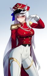 Rule 34 | 1girl, adapted costume, animal ears, breasts, ett01024, gloves, gold ship (umamusume), gradient background, hat, highres, horse ears, horse girl, horse tail, large breasts, long hair, looking at viewer, pants, peaked cap, red eyes, silver hair, skin tight, solo, tail, tight clothes, tight pants, umamusume, uniform, very long hair