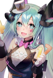 Rule 34 | 1girl, aqua eyes, aqua hair, asagi yuna, asymmetrical sleeves, bad id, bad pixiv id, bare shoulders, bow, bowtie, candle, commentary, diamond (shape), dress, facial tattoo, gloves, hair ornament, hands up, hat, hatsune miku, holding, holding candle, long hair, looking at viewer, magical mirai (vocaloid), magical mirai miku, magical mirai miku (2019), mini hat, mini top hat, neck ruff, open mouth, pink bow, pink bowtie, sleeveless, sleeveless dress, smile, solo, star (symbol), star in eye, symbol in eye, tattoo, top hat, twintails, uneven sleeves, upper body, very long hair, vocaloid, white background, white gloves, white hat