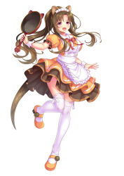 Rule 34 | 1girl, animal ears, apron, blush, brown hair, dress, frills, frying pan, full body, holding, long hair, maid, maid apron, maid headdress, open mouth, orange dress, orange footwear, original, otosume ruiko, puffy sleeves, purple eyes, red ribbon, ribbon, shoes, short sleeves, simple background, smile, solo, standing, standing on one leg, thighhighs, thighs, very long hair, white apron, white background, white thighhighs
