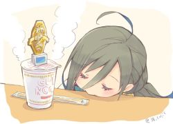 Rule 34 | 1girl, ahoge, chopsticks, closed eyes, colis, grey hair, kantai collection, kiyoshimo (kancolle), long hair, nissin cup noodle, sleeping, solo, trophy, twintails, twitter username, upper body, very long hair