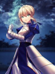 Rule 34 | 1girl, ahoge, armor, armored dress, artoria pendragon (all), artoria pendragon (fate), blonde hair, blue dress, blue ribbon, braid, breastplate, cloud, commentary request, dress, fate/stay night, fate (series), french braid, gauntlets, green eyes, hair between eyes, hair ribbon, highres, holding, holding sword, holding weapon, invisible air (fate), juliet sleeves, long sleeves, looking at viewer, night, night sky, outdoors, puffy sleeves, ribbon, saber (fate), short hair, sidelocks, sky, solo, sword, tamitami, weapon