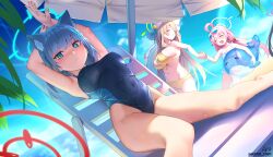 Rule 34 | 5girls, :d, aekun cben, ahoge, animal ear fluff, animal ears, armpits, arms up, ayane (blue archive), beach, beach chair, beach umbrella, bikini, black one-piece swimsuit, blue-tinted eyewear, blue archive, blue eyes, blue halo, blue sky, blurry, blush, breasts, chestnut mouth, closed eyes, closed mouth, cloud, cloudy sky, commentary request, competition swimsuit, covered erect nipples, covered navel, cowboy shot, cross, cross hair ornament, day, depth of field, dutch angle, earrings, embarrassed, extra ears, eyewear on head, flower, frilled bikini, frills, from below, front-tie top, grey hair, groin, hair bobbles, hair ornament, halo, hat, hat flower, highleg, highleg swimsuit, highres, horizon, hoshino (blue archive), hoshino (swimsuit) (blue archive), inflatable toy, inflatable whale, inverted cross, jewelry, large breasts, light brown hair, long hair, looking at viewer, low twintails, lying, medium hair, mismatched pupils, multiple girls, nonomi (blue archive), nonomi (swimsuit) (blue archive), nose blush, ocean, official alternate costume, on chair, one-piece swimsuit, open mouth, outdoors, pink hair, ponytail, serika (blue archive), shiroko (blue archive), shiroko (swimsuit) (blue archive), side-tie bikini bottom, sidelocks, sitting, sky, smile, straight hair, stretching, stud earrings, sun hat, sunglasses, swimsuit, taut clothes, thighs, tinted eyewear, twintails, umbrella, wet, wet clothes, wet swimsuit, white-framed eyewear, white bikini, white headwear, wolf ears, wolf girl, yellow bikini