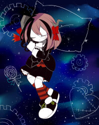 Rule 34 | 1girl, black footwear, black hair, black jacket, black skirt, candy, child, clenched hands, closed mouth, colored skin, crea flankenstein, food, frilled skirt, frills, funamusea, funamusea (style), galaxy background, gears, heart, highres, jacket, light blush, lollipop, multicolored hair, object through head, pillow, pink hair, pleated skirt, red shirt, red socks, screw in head, shirt, single tear, skirt, smile, socks, solo, stitched face, stitched leg, stitches, streaked hair, striped clothes, striped shirt, striped socks, white skin, yoran (1401589279), zombie