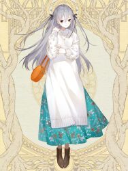 Rule 34 | 1girl, ankle boots, aqua skirt, bag, black eyes, black ribbon, boots, brown footwear, closed mouth, dairoku ryouhei, dangle earrings, dress, earrings, floral print, full body, grey hair, hair between eyes, hair ribbon, hand up, handbag, highres, jewelry, kao o0, kimura sayo, leaf earrings, leaf print, long hair, long sleeves, looking at viewer, necklace, print skirt, ribbon, skirt, skirt under dress, smile, solo, standing, sweater, sweater dress, two side up, white sweater, yellow background