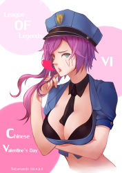 Rule 34 | 1girl, aqua eyes, bra, breast lift, breasts, crop top, hat, heart, highres, large breasts, league of legends, looking at viewer, officer vi, open mouth, pink hair, police, police uniform, policewoman, saramande, solo, underwear, uniform, vi (league of legends)