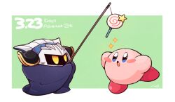 Rule 34 | :o, anniversary, armor, artist name, blue cape, blue eyes, blush, blush stickers, border, candy, cape, commentary request, copyright name, dated, fishing rod, food, green background, holding, holding fishing rod, invincible candy, kirby, kirby&#039;s adventure, kirby (series), lollipop, mask, meta knight, midooka (o k k), nintendo, no humans, open mouth, outside border, pauldrons, shoulder armor, signature, simple background, sparkle, standing, standing on one leg, star (symbol), swirl lollipop, white border, yellow eyes