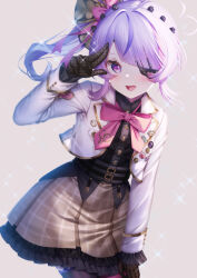 Rule 34 | 1girl, ahoge, black shirt, bow, bowtie, eyepatch, gloves, hair ornament, heart, highres, jacket, long sleeves, looking at viewer, maria marionette, multicolored hair, nijisanji, nijisanji en, one eye covered, open mouth, pink bow, pink bowtie, pink hair, purple eyes, purple hair, shirt, side ponytail, skirt, smile, solo, streaked hair, virtual youtuber, zzz (zzz00166403zzz)