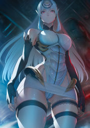 Rule 34 | 1girl, android, bare shoulders, black gloves, blue hair, breasts, elbow gloves, forehead protector, gloves, hair intakes, highleg, highleg leotard, highres, imizu (nitro unknown), kos-mos, large breasts, leotard, long hair, red eyes, solo, thighhighs, thighs, white leotard, white thighhighs, xenosaga