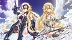 Rule 34 | 2girls, armor, armored dress, blonde hair, blue eyes, boots, breasts, chain, cleavage, cross akiha, dual persona, elbow gloves, fate/apocrypha, fate/grand order, fate (series), forehead protector, gauntlets, gloves, headpiece, jeanne d&#039;arc (fate), jeanne d&#039;arc (ruler) (fate), jeanne d&#039;arc (third ascension) (fate), jeanne d&#039;arc alter (avenger) (fate), jeanne d&#039;arc alter (avenger) (third ascension) (fate), jeanne d&#039;arc alter (fate), large breasts, long hair, md5 mismatch, multiple girls, petals, resolution mismatch, scabbard, sheath, sitting, smile, source larger, sword, thigh boots, thighhighs, very long hair, weapon, yellow eyes