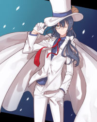 Rule 34 | 1girl, blue hair, bow, cape, commentary request, cosplay, cross, formal, gloves, hair between eyes, hair bow, half gloves, hand in pocket, hat, hat tip, highres, hollomaru, kaitou kid, kaitou kid (cosplay), long hair, long sleeves, love live!, love live! school idol project, low-tied long hair, meitantei conan, minami kotori (bird), monocle, necktie, one eye closed, phantom thief, red neckwear, smile, sonoda umi, suit, top hat, white bow, white cape, white gloves, white headwear, white suit, yellow eyes