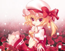 Rule 34 | 1girl, bad id, bad pixiv id, blonde hair, colorized, dada sky, dinyc, female focus, flandre scarlet, flower, from side, gotou nao, hair between eyes, hat, highres, mob cap, one side up, ponytail, red eyes, ribbon, short hair, short hair with long locks, solo, touhou