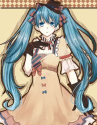 1girl apl3838a aqua_hair bad_id bad_pixiv_id belt blue_eyes bow bowtie dress ennui_heiwa_miku female_focus gloves hair_ribbon hat hatsune_miku long_hair ribbon solo twintails very_long_hair vocaloid