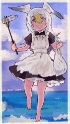Rule 34 | 1girl, absurdres, alternate costume, apron, bag, barefoot, bird wings, black dress, blonde hair, blush, bottle, collar, commentary request, common gull (kemono friends), dress, enmaided, flying, frilled apron, frilled collar, frilled dress, frills, hair between eyes, head wings, high collar, highres, kemono friends, long hair, maid, maid apron, maid headdress, multicolored hair, plastic bag, puffy short sleeves, puffy sleeves, short sleeves, sidelocks, solo, toriny, two-tone hair, water bottle, white apron, white hair, wings, yellow eyes