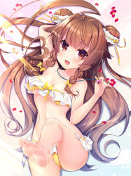 Rule 34 | 1girl, ahoge, alternate costume, alternate hairstyle, arm behind back, ass, bare arms, bare shoulders, barefoot, bikini, blush, bow, braid, breasts, brown eyes, brown hair, bun cover, collarbone, commentary request, double bun, fang, feet, flower, frilled bikini, frills, hair between eyes, hair bow, hair bun, hair ornament, hair ribbon, heart, heart ahoge, highres, holding, huge ahoge, jewelry, kantai collection, ko yu, kuma (kancolle), long hair, looking at viewer, lying, medium breasts, multiple braids, necklace, on back, open mouth, petals, ribbon, smile, soles, solo, swimsuit, toes, tress ribbon, twin braids, very long hair