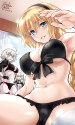 Rule 34 | 3girls, ahoge, bedroom, bikini, bikini top only, black bikini, black gloves, black jacket, blonde hair, blue eyes, blue jacket, blush, braid, breasts, capelet, choker, cleavage, dated, elbow gloves, embarrassed, fate/grand order, fate (series), gloves, hair between eyes, hairband, headpiece, highres, indoors, jacket, jeanne d&#039;arc (fate), jeanne d&#039;arc (ruler) (fate), jeanne d&#039;arc (swimsuit archer) (fate), jeanne d&#039;arc (swimsuit archer) (first ascension) (fate), jeanne d&#039;arc alter (fate), jeanne d&#039;arc alter (swimsuit berserker) (fate), jeanne d&#039;arc alter santa lily (fate), large breasts, long hair, looking at viewer, multiple girls, o-ring, open mouth, pale skin, parted lips, pointing, ponytail, ribbon, rohgun, signature, silver hair, single braid, skindentation, standing, stomach, striped ribbon, swimsuit, thighs, unbuttoned, very long hair, wavy mouth, white capelet, yellow eyes