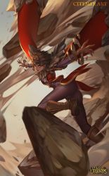 Rule 34 | 1girl, ass, brown eyes, brown hair, citemer, dark-skinned female, dark skin, foreshortening, league of legends, lips, looking at viewer, outstretched arms, parted lips, perspective, short hair, solo, taliyah