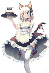 Rule 34 | 1girl, :d, absurdres, animal ear fluff, animal ears, apron, azur lane, black footwear, black ribbon, black skirt, blush, breasts, cake, cat ears, cat girl, cat tail, cleavage, food, frilled apron, frilled skirt, frills, hair ribbon, highres, holding, holding tray, ildanbaggobwa, kemonomimi mode, large breasts, leg up, mary janes, open mouth, puffy short sleeves, puffy sleeves, red eyes, red skirt, ribbon, shoes, short hair, short sleeves, silver hair, sirius (azur lane), skirt, smile, solo, standing, standing on one leg, tail, tail ornament, tail ribbon, thighhighs, tray, waist apron, white apron, white thighhighs