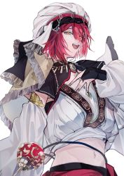 Rule 34 | 1boy, arabian clothes, bridal gauntlets, crescent, crop top, detached sleeves, gold trim, hair between eyes, hair ornament, hanasaki miyabi, hand on own chest, highres, holostars, looking at viewer, medium hair, official alternate costume, puffy sleeves, red hair, shirt, short sleeves, simple background, solo, suda (svdaaa), turban, upper body, veil, virtual youtuber, white background, white shirt, yellow eyes