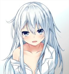 Rule 34 | 1girl, :d, bare shoulders, blue eyes, blue hair, collarbone, collared shirt, dress shirt, flat chest, gradient background, hibiki (kancolle), hikobae, kantai collection, long hair, no bra, off shoulder, open clothes, open mouth, open shirt, shirt, sidelocks, smile, solo, upper body, white shirt