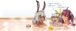 Rule 34 | 3girls, :3, ^^^, absurdres, ahoge, animal ears, antenna hair, bath, bathing, blush, breasts, collarbone, dark-skinned female, dark skin, fangs, girls&#039; frontline, green eyes, grey hair, hair between eyes, hair ribbon, highres, klin (girls&#039; frontline), korean text, large breasts, long hair, looking at another, looking to the side, multiple girls, ns2000 (girls&#039; frontline), nude, one side up, open mouth, orange eyes, parted lips, partially submerged, purple hair, rabbit ears, raised eyebrow, ribbon, ripples, rubber duck, saiga-12 (girls&#039; frontline), sd bigpie, short hair, simple background, sitting, sitting on lap, sitting on person, small breasts, steam, teeth, trait connection, translation request, upper body, upper teeth only, water, wet, yellow eyes, yellow ribbon, yuri