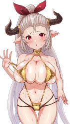 Rule 34 | 1girl, aliza (granblue fantasy), bikini, braid, breasts, commentary request, draph, gold bikini, granblue fantasy, hair pulled back, highres, horns, kemurin, large breasts, long hair, looking at viewer, pointy ears, ponytail, red eyes, silver hair, single braid, solo, swimsuit, very long hair