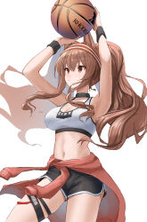 Rule 34 | 1girl, absurdres, angelina (arknights), animal ears, arknights, armpits, arms up, ball, bare arms, bare shoulders, basketball, basketball (object), black choker, black shorts, breasts, brown eyes, brown hair, choker, cleavage, clothes around waist, commentary request, cowboy shot, crop top, fox ears, hairband, highres, holding, holding ball, infection monitor (arknights), jacket, jacket around waist, large breasts, midriff, navel, official alternate costume, red hairband, short shorts, shorts, sidelocks, simple background, solo, sports bra, standing, sthk, stomach, thigh strap, thighs, twintails, white background