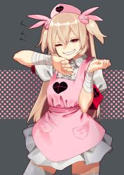 Rule 34 | 1girl, absurdres, bandaged wrist, bandages, blonde hair, cowboy shot, dress, fingernails, grin, hair ornament, hands up, hat, highres, looking at viewer, natori sana, nurse, nurse cap, one eye closed, pink dress, pink hat, puffy short sleeves, puffy sleeves, red eyes, reiga (act000), sana channel, shirt, short sleeves, smile, solo, standing, thighhighs, two side up, virtual youtuber, white shirt, white thighhighs