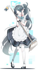 1girl absurdres apron black_footwear black_hair black_shirt black_skirt blue_archive blue_eyes blue_halo blue_ribbon blush bright_pupils broom commentary eyelashes frilled_apron frills full_body hair_behind_ear halo highres holding holding_broom kei_(robot)_(blue_archive) long_hair looking_at_viewer maid maid_apron maid_headdress mary_janes muu3_illust neck_ribbon official_alternate_costume official_alternate_hairstyle open_mouth pantyhose parted_bangs puffy_short_sleeves puffy_sleeves ribbon ringed_eyes shirt shoes short_sleeves side_ponytail sidelocks simple_background skirt solo standing straight_hair very_long_hair white_apron white_background white_pantyhose white_pupils