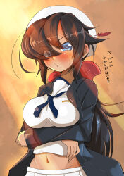 Rule 34 | 1girl, black coat, black hair, black neckerchief, blouse, blue eyes, blush, bow, breast hold, breasts, closed mouth, coat, commentary, crossed arms, dark-skinned female, dark skin, dixie cup hat, eyes visible through hair, frown, girls und panzer, hair bow, hair over one eye, hat, hat feather, highres, jinguu (4839ms), long coat, long hair, long sleeves, looking at viewer, medium breasts, midriff, military hat, navel, neckerchief, ogin (girls und panzer), ooarai naval school uniform, open clothes, open coat, pleated skirt, ponytail, red bow, sailor, sailor collar, school uniform, shirt, skirt, solo, standing, sunlight, sweatdrop, translated, white hat, white shirt, white skirt
