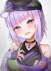 Rule 34 | 1girl, absurdres, animal ear fluff, animal ears, bare shoulders, beret, blush, breasts, cat ears, cat girl, choker, collarbone, flower, hand on own chest, hat, hat flower, head tilt, highres, hololive, kogekoge1207, long sleeves, looking at viewer, medium breasts, medium hair, nekomata okayu, nekomata okayu (poisonya syndrome), open mouth, purple eyes, purple hair, simple background, smile, solo, upper body, virtual youtuber, white background