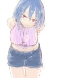 Rule 34 | 1girl, alternate costume, arms behind back, bare legs, blue hair, breasts, casual, contemporary, female focus, large breasts, leaning forward, light smile, looking at viewer, midriff, nagae iku, red eyes, ribbed sweater, sape (saperon black), seductive smile, short hair, shorts, simple background, sketch, sleeveless, smile, solo, sweater, touhou, white background