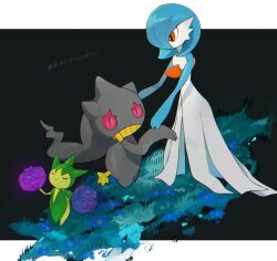 alternate_color banette black_background blue_hair blue_skin closed_eyes colored_skin creatures_(company) cyauken_(ouahloup) dress flower game_freak gardevoir gen_3_pokemon ghost green_skin highres multicolored_skin nintendo no_feet orange_eyes pink_eyes pokemon pokemon_(creature) roselia_(pokemon) shiny_pokemon signature simple_background smile two-tone_skin white_dress white_skin zipper_pull_tab