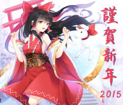 Rule 34 | 10s, 1girl, 2015, adapted costume, bare shoulders, black hair, blush, bow, breasts, brown eyes, cloudy.r, detached sleeves, hair bow, hair tubes, hakurei reimu, hands up, highres, leg up, long hair, looking back, nengajou, new year, obi, open mouth, ribbon, sash, sheep, smile, solo, stairs, torii, touhou, wind