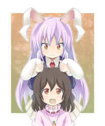 Rule 34 | 2girls, animal ears, azuma takeshi, azuma takeshi (andon kandelaar), brown hair, carrot, carrot necklace, grabbing another&#039;s ear, female focus, frown, hand on another&#039;s ear, inaba tewi, jewelry, light purple hair, long hair, looking up, multiple girls, necklace, open mouth, orange eyes, rabbit ears, reisen udongein inaba, short hair, touhou