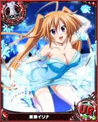 Rule 34 | 1girl, bare shoulders, blush, breast hold, breasts, card (medium), character name, chess piece, cleavage, dress, high school dxd, large breasts, long hair, looking at viewer, official art, orange hair, purple eyes, rook (chess), shidou irina, solo, trading card, twintails, very long hair