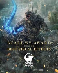 Rule 34 | 3d, academy awards, building, city, claws, day, debris, destruction, dinosaur, dust, embers, english text, epic, fire, from above, from behind, giant, giant monster, glowing, glowing spikes, godzilla, godzilla (series), godzilla minus one, highres, kaijuu, logo, looking at viewer, looking up, monster, no humans, official art, open mouth, otani kimito, power lines, promotional art, rubble, ruins, sea monster, sharp teeth, smoke, spikes, tail, teeth, toho