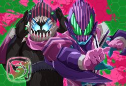 Rule 34 | 2boys, animal hood, arm blade, armor, blade, blue eyes, commentary request, dual wielding, extra eyes, fighting stance, green eyes, holding, hood, kamen rider, kamen rider revi, kamen rider revice, kamen rider vice, megalodon, megalodon genome, miyabi (037), multiple boys, riding, shark, stamp mark, tokusatsu, vistamp, weapon