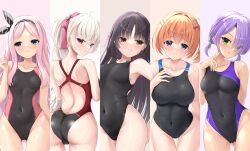 Rule 34 | 5girls, akizuki kanna, arm behind back, ass, back, black hair, black one-piece swimsuit, blue eyes, blush, bow, breasts, brown eyes, cafe stella to shinigami no chou, cameltoe, closed mouth, collarbone, competition swimsuit, covered navel, covering privates, cowboy shot, crossed bangs, eyes visible through hair, facing viewer, from behind, frown, gradient background, green eyes, groin, hair bow, hair ornament, hair over one eye, hair ribbon, hairband, hand on own chest, hand on own crotch, hand up, highleg, highleg swimsuit, highres, hiuchidani mei, large breasts, licking lips, long hair, looking at viewer, looking back, looking to the side, low twintails, medium breasts, multiple girls, ncontrail (mgax7527), one-piece swimsuit, orange hair, parted bangs, pink hair, pink ribbon, ponytail, purple eyes, purple hair, red bow, ribbon, shiki natsume, shioyama suzune, short hair, shoulder blades, side ponytail, sideways glance, simple background, small breasts, standing, sumizome nozomi, swimsuit, tan, tanline, taut clothes, taut swimsuit, tongue, tongue out, twintails, two-tone swimsuit, wet, wet clothes, wet swimsuit, white background, x hair ornament