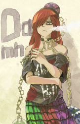 Rule 34 | 1girl, arm around waist, bags under eyes, bare shoulders, breasts, chain, cigarette, clothes writing, collar, constricted pupils, cowboy shot, earth (ornament), english text, eyelashes, eyeshadow, gold chain, gradient background, hair over one eye, hair over shoulder, hecatia lapislazuli, highres, long hair, looking at viewer, makeup, moon (ornament), multicolored clothes, multicolored skirt, off-shoulder shirt, off shoulder, parted lips, profanity, red eyes, shirt, short sleeves, skirt, small breasts, smoke, smoking, solo, standing, tetsua rei, touhou, wall