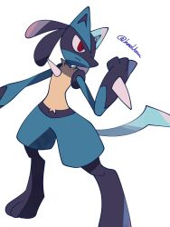 Rule 34 | black hair, blue fur, closed mouth, creatures (company), furry, game freak, gen 4 pokemon, hassussru, lucario, nintendo, pokemon, pokemon (creature), red eyes, sidelocks, simple background, solo, spikes, twitter username, white background, yellow fur
