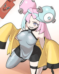 Rule 34 | 1girl, bike shorts, blush, breasts, character hair ornament, collarbone, commentary request, creatures (company), game freak, gen 4 pokemon, green hair, grey footwear, grey shirt, grin, hair ornament, highres, iono (pokemon), jacket, kneeling, long hair, medium breasts, multicolored hair, nintendo, nutkingcall, off shoulder, one eye closed, open clothes, open jacket, pink hair, pokemon, pokemon sv, purple eyes, rotom, rotom phone, sharp teeth, shirt, single leg pantyhose, sleeveless, sleeveless shirt, small breasts, smile, teeth, two-tone hair, yellow jacket