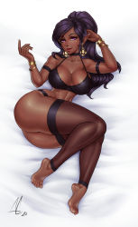 Rule 34 | 1girl, 2020, aesdev3, arm behind head, armlet, ass, barefoot, beckoning, bed sheet, black bra, black choker, black panties, borrowed character, bra, breasts, brown leggings, choker, cleavage, come hither, commentary, commission, dark-skinned female, dark elf, dark skin, earrings, elf, english commentary, eyeshadow, fingernails, fishnet leggings, fishnets, full body, gold earrings, highres, jewelry, large breasts, leggings, legs together, lingerie, lipstick, long hair, looking at viewer, lying, makeup, narrow waist, on back, on side, original, panties, pink eyes, plantar flexion, pointy ears, ponytail, purple hair, red lips, signature, solo, spaghetti strap, strap gap, swept bangs, thick thighs, thighs, toes, underwear, vanessa (live for the funk), wide hips
