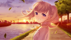 Rule 34 | 1girl, blush, looking at viewer, looking back, original, outdoors, parted lips, pink hair, purple eyes, smile, solo, sun, sunset, tsuyuta, twintails, upper body, wind